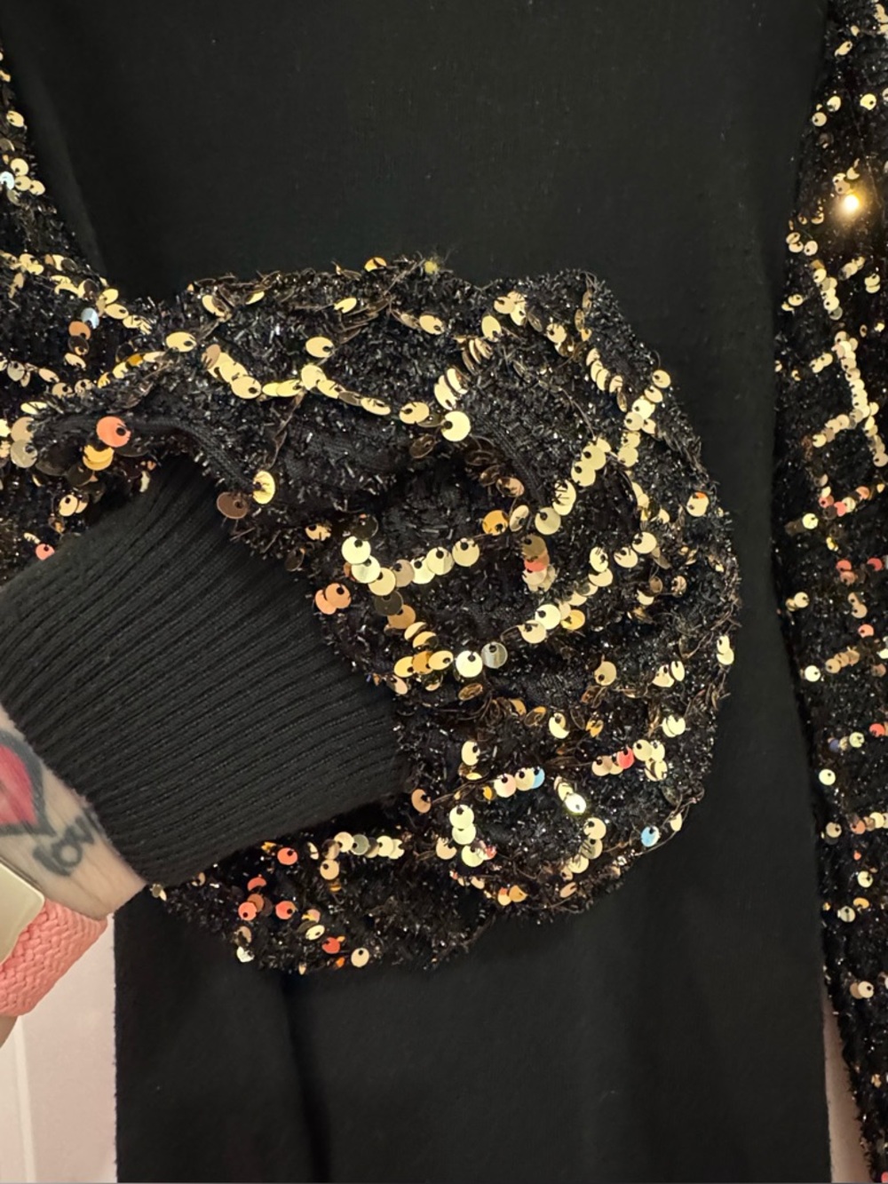 Flying Tomato Black Sweater with Gold-Accent Sequin Grid Sleeves - Picture 6 of 8